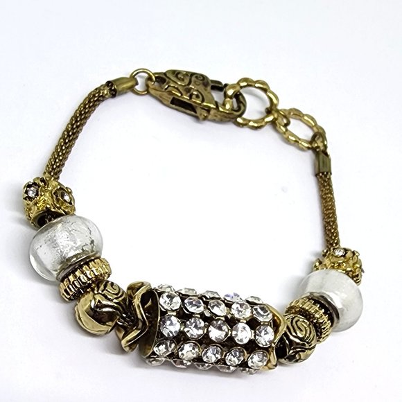 Gold and White Rhinestone Beaded Charm Lobster Claw Clasp Bracelet - Picture 4 of 8